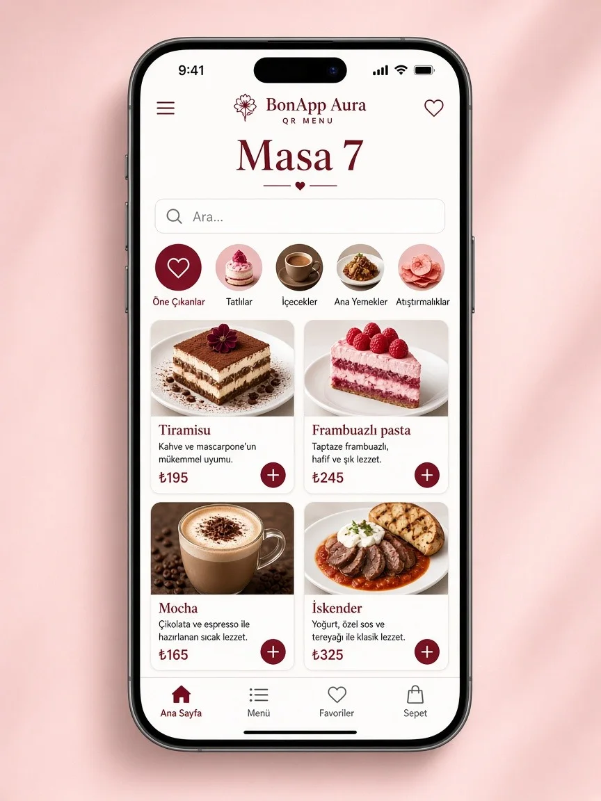 BonApp Aura temasında QR menü: bordo tonlarda tatlı ve içecek kartları