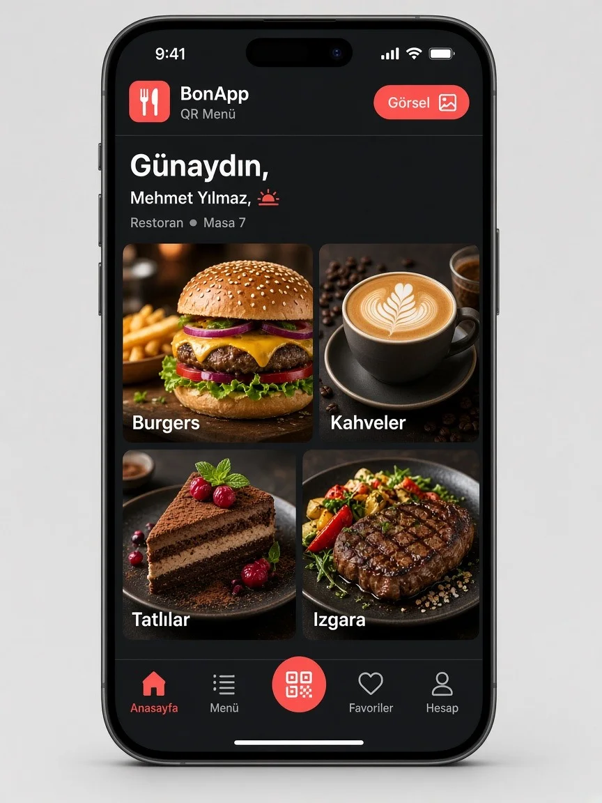 BonApp Görsel temasında QR menü: koyu zeminde büyük fotoğraflı kategoriler