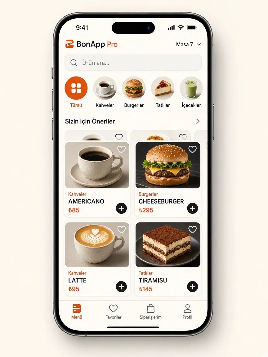 BonApp Pro temasında QR menü: kategori şeridi ve ürün kartları, Masa 7